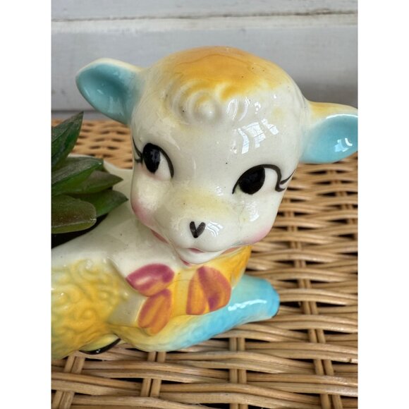 Vintage 40's Shawnee Lamb/sheep Planter Vase Yellow and Blue - Picture 9 of 10